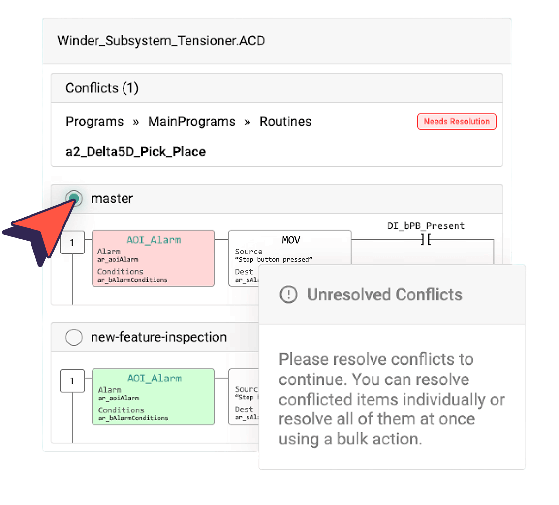 A screenshot of a conflict resolution interface with unresolved conflicts and a warning message about resolving conflicts to