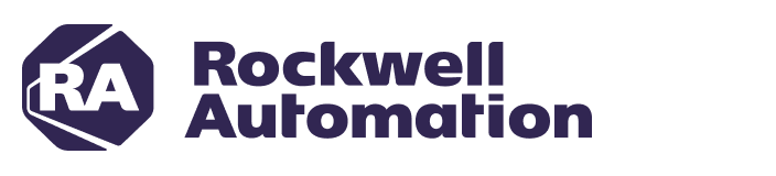 The Rockwell Automation logo features a dark purple hexagon with "RA" inside and the company name in bold purple text.