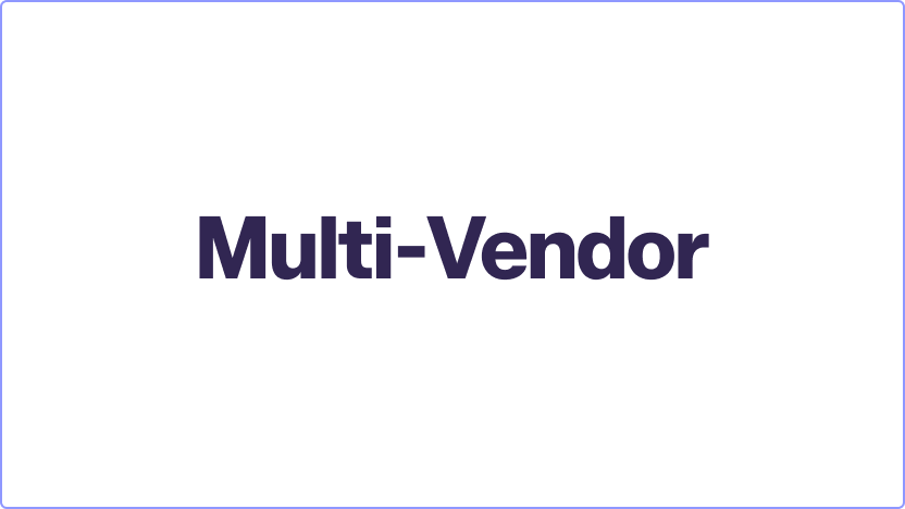 "Multi-Vendor" text in bold purple letters on a black background with the title "Copia Solution Multi-Vendor Logo" at the