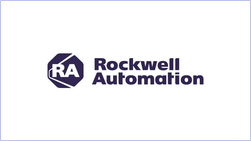 Rockwell Automation logo featuring a dark purple hexagon with "RA" inside, next to the company name in bold purple text.