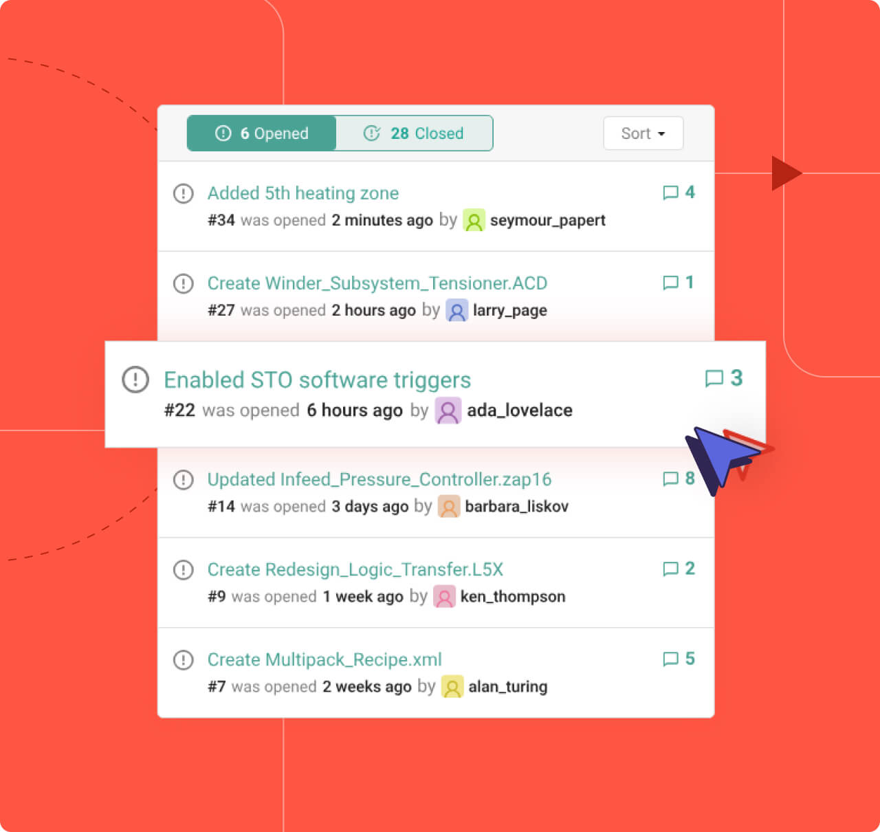 A project management dashboard displaying open and closed tickets, with details on tasks, authors, and timestamps.