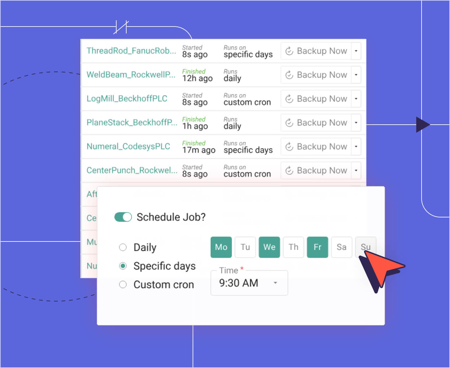 A screenshot of a disaster recovery dashboard with scheduled backup jobs and options for setting specific days and times.