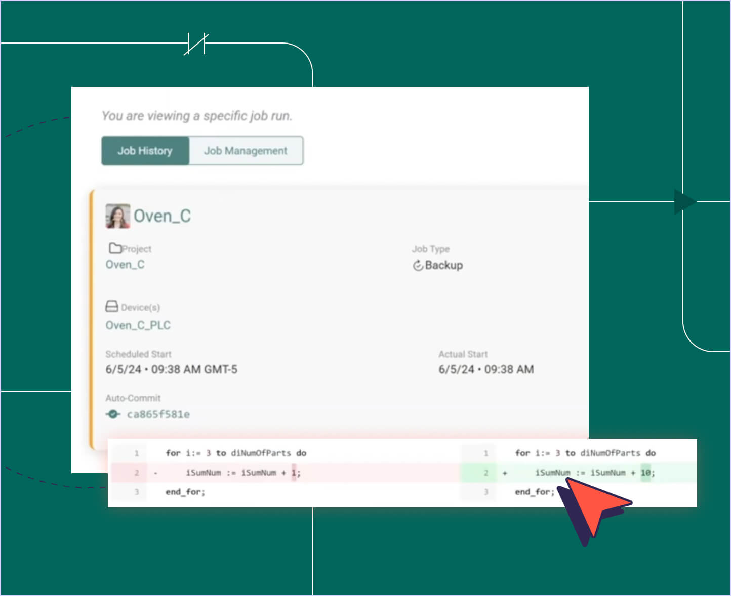A screenshot of a job management interface showing backup job details and code snippets related to ransomware resiliency